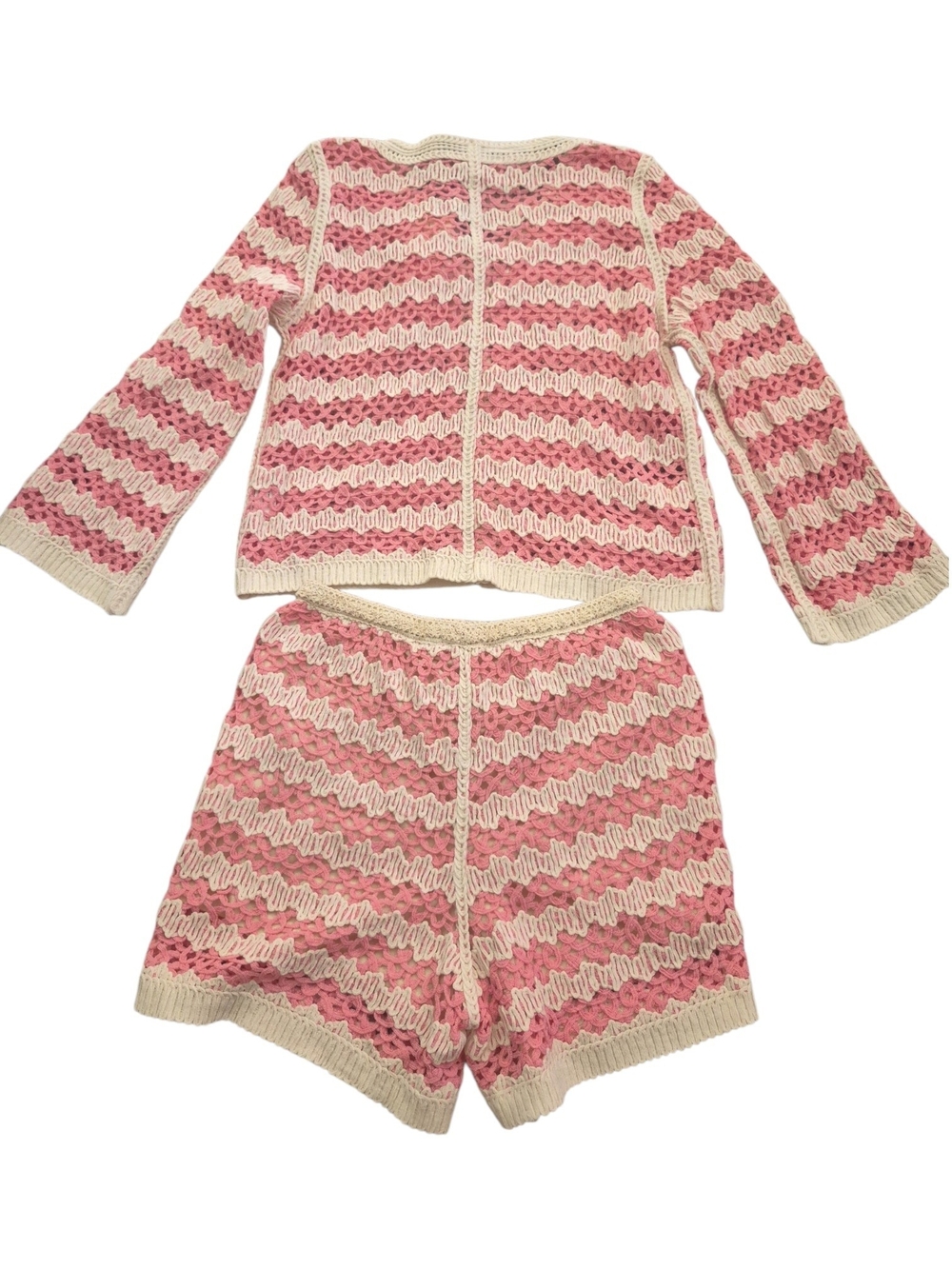 Solitaire Pink Cream Crochet Knit Cardi & Shorts Set Boho Beach Sz L - Picture 4 of 8